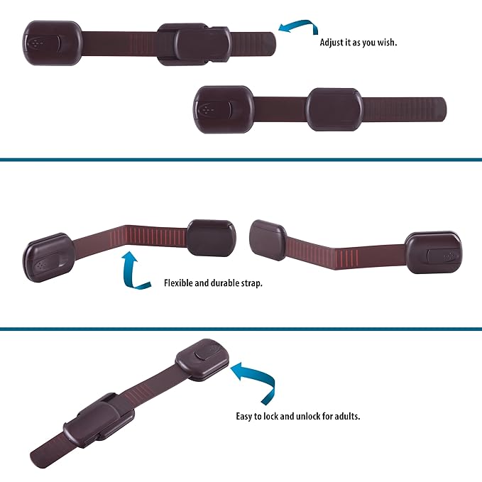 Child Safety Cabinet Locks (4 Pack) – Adjustable Baby Proofing Strap Latches with Strong 3M Adhesive – No Drill Childproof Locks for Drawers, Cabinets, Fridge, Door, Closet, Brown