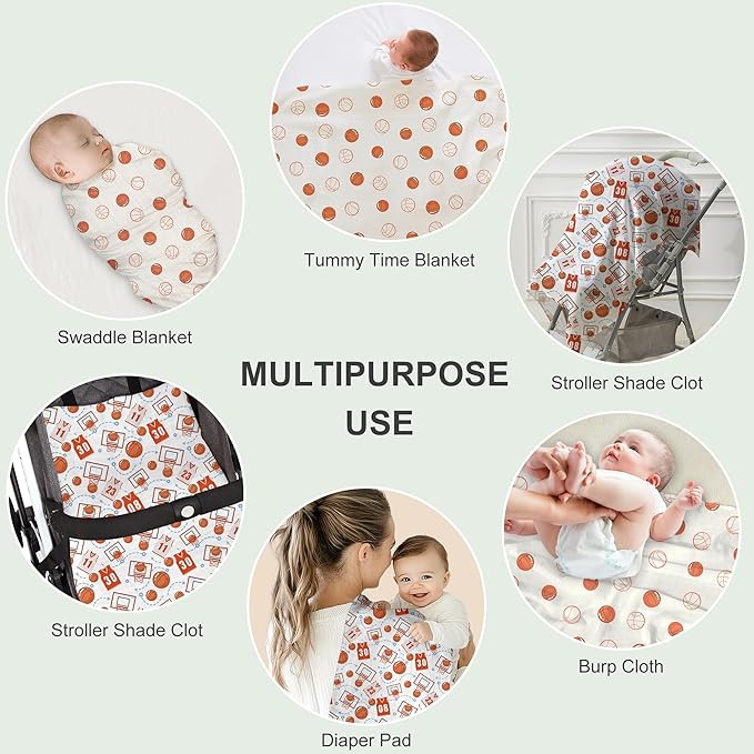 Muslin Swaddle Blankets for Newborn, 2 Pack Large 47"x47" Soft Breathable Bamboo Cotton Baby Blanket, Lightweight Receiving Blanket for Boys and Girls, Basketball Fun
