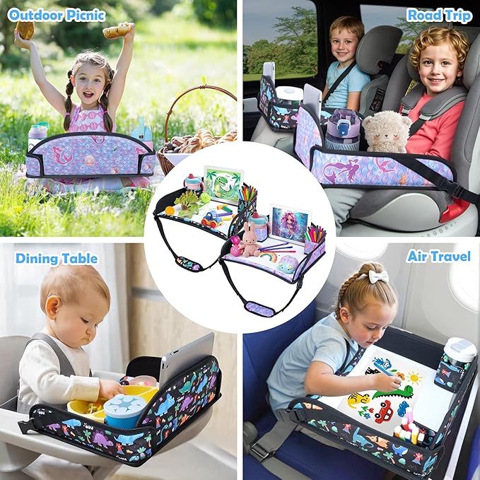 2Pcs Kids Travel Tray for Toddler Carseat, Road Trip Activities Essentials for Toddler, Kids Lap Desk Tray with Tablet Holder Stand ï¼?Dry Erase Board (Dinosaur & Mermaid)