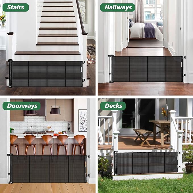 24" Tall X 80" Wide Retractable Baby Gates, Short Dog Gates to Step Over, Reinforced Mesh Pet Gate with Support Rods, Small Puppy Gates for The House, Black