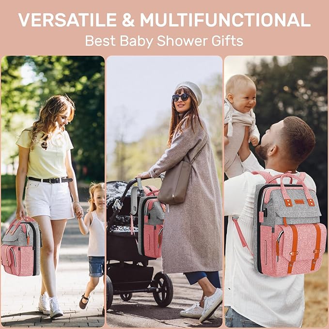 Diaper Bag Backpack with Changing Station, Large Diaper Bag, Multifunctional Diaper Bag, Baby Bag, PinkGray