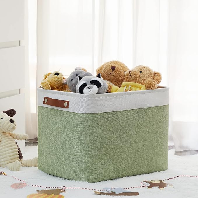HNZIGE Large Fabric Storage Baskets with Leather Handles, Decorative Foldable Baskets for Organizing Closet & Home (Green, 16" x 11.8" x 11.8" - 2 Pack)