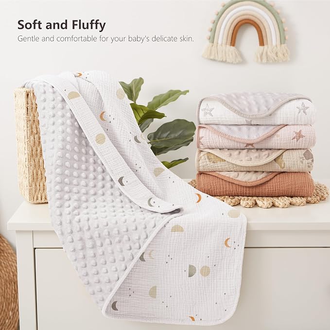Susurration Baby Blanket for Unisex Boys Girls, Soft Nursery Minky Blanket with Muslin Cotton Front and Dotted Fleece Back, Receiving Blanket for Baby Newborn Infant, 30x40inch