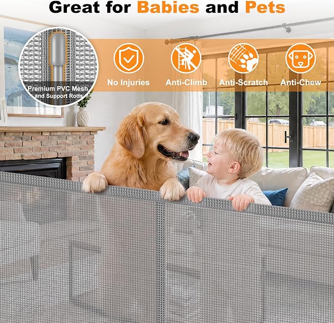 Reinforced Retractable Pet Gate 70” Wide Retractable Baby Gate | with Support Rods to Prevent Bottom Escape, 33” Tall Child Safety Gates for Stairs, Doorways, Hallways, Decks, Indoor/Outdoor