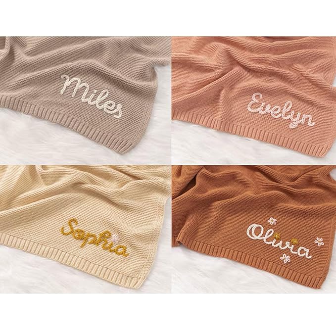 ZXH Personalised Baby Blankets,Custom Hand Embroidered Blankets,Name Blanket,Baby Name Knits -Soft Breathable Cotton Knitted Blanket Newborn Baby Gift