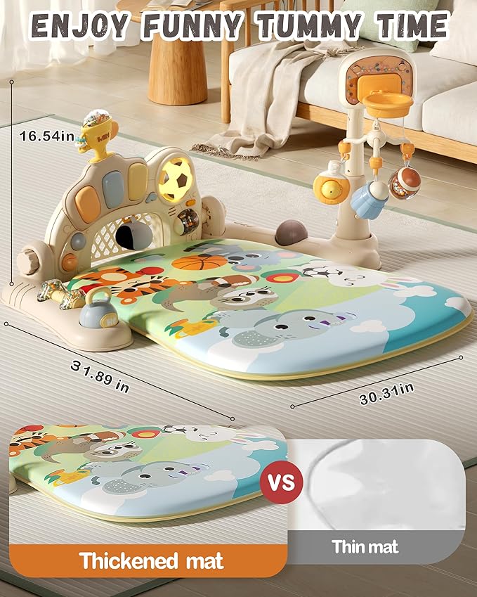 Stactcute 3-in-1 Baby Gym & Play Mat with Musical Piano, Activity Center with Sensory Toys & Rattles for Tummy Time,Early Development Baby Gift for Newborns 0-3 6-12 Months (Khaki)