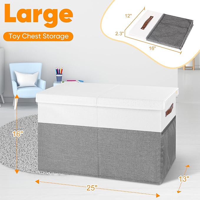 Mabahoo Large Toy Box, Collapsible Sturdy Storage Chest With Lids, Kids Toy Chest Storage Organizer Toddler Bin Boxes for Living Room, Bedroom, Nursery, 25"x13"x16", White & Gray