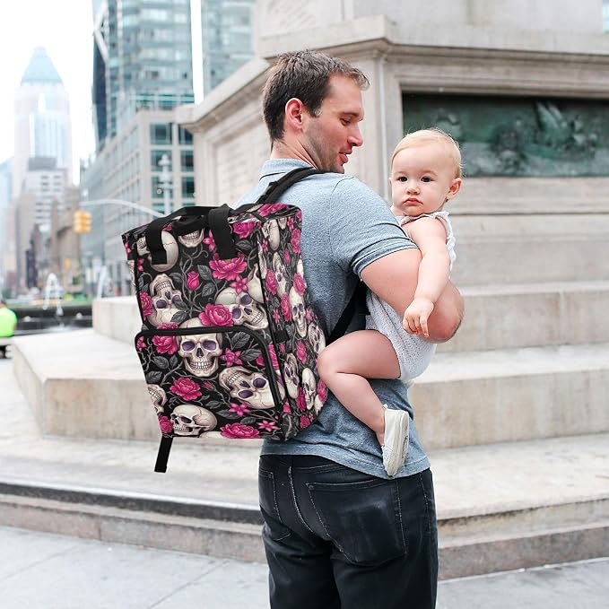 Purple Skull Rose Diaper Bag – Insulated, Travel for Mom