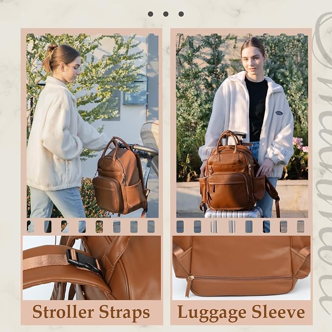 Omanmoli Diaper Bag Backpack,Leather Baby Bag with 16 Pockets,Large Travel Diaper Backpack,Baby Essential Organizer,4 Insulated Pockets,Changing Pad,Brown