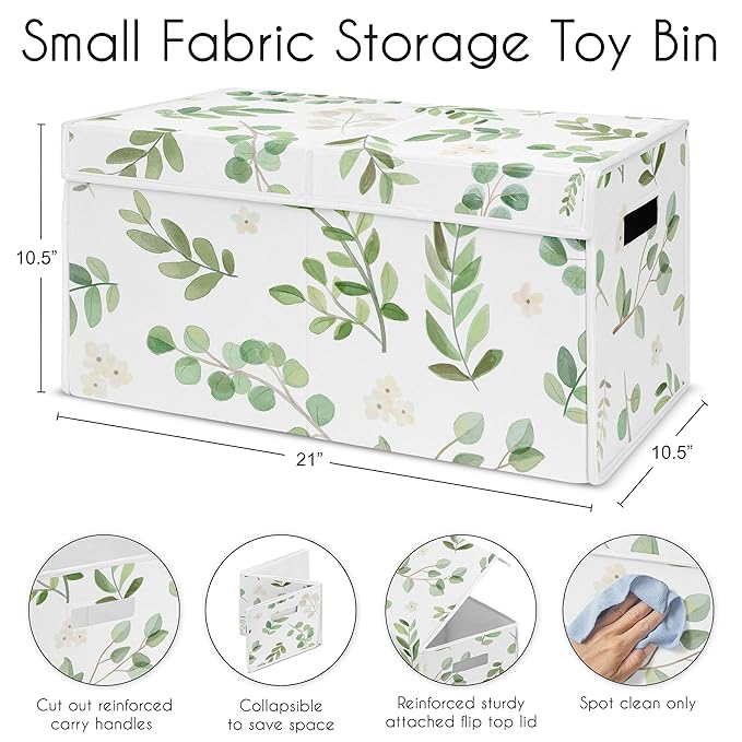 Sweet Jojo Designs Floral Leaf Girl Small Fabric Toy Bin Storage Box Chest for Baby Nursery or Kids Room - Green and White Boho Watercolor Botanical Woodland Tropical Garden