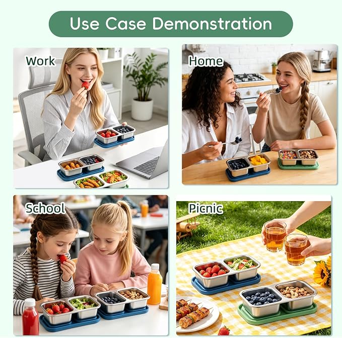 Tanjiae 10 oz Stainless Steel Snack Box for Kids & Toddlers, Multi-Compartment Small Leak Proof Food Containers with Silicone Lids - Reusable Metal Bento Box for Daycare, School, Travel, Camping