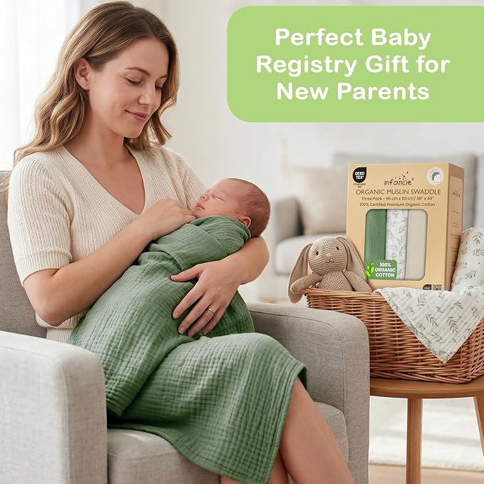 100% Organic Cotton Muslin Baby Blanket - 38x40 Inch Breathable Swaddle, Hypoallergenic Double-Layer, Versatile Use (Green/Ivory/Floral, 38x40 Inch)