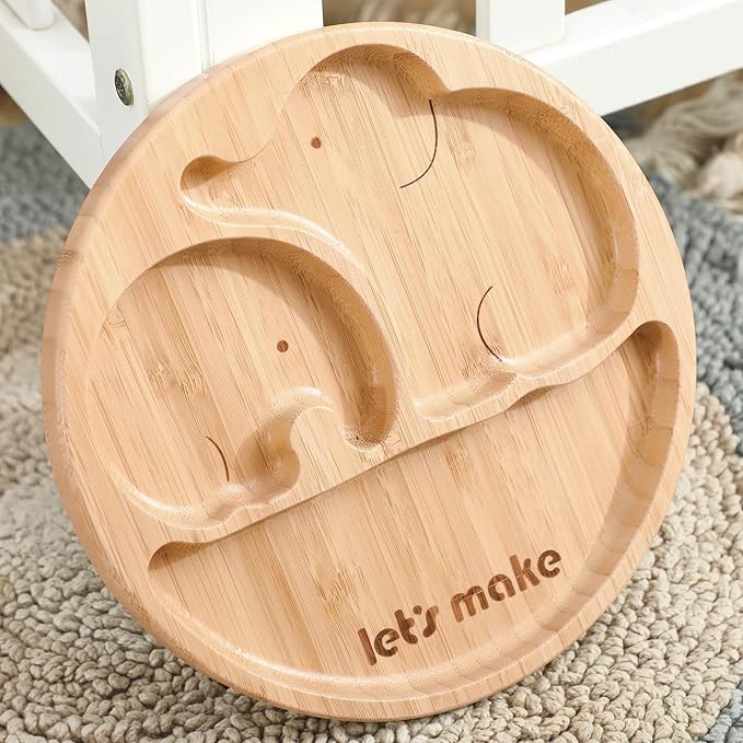 let's make Suction Plates for Baby & Toddler, Bamboo Divided Platter Feeding Dishes with Silicone Fork& Spoon, All-Natural Baby Food Plate Stays for Baby-Led Weaning, Non-Slip Design