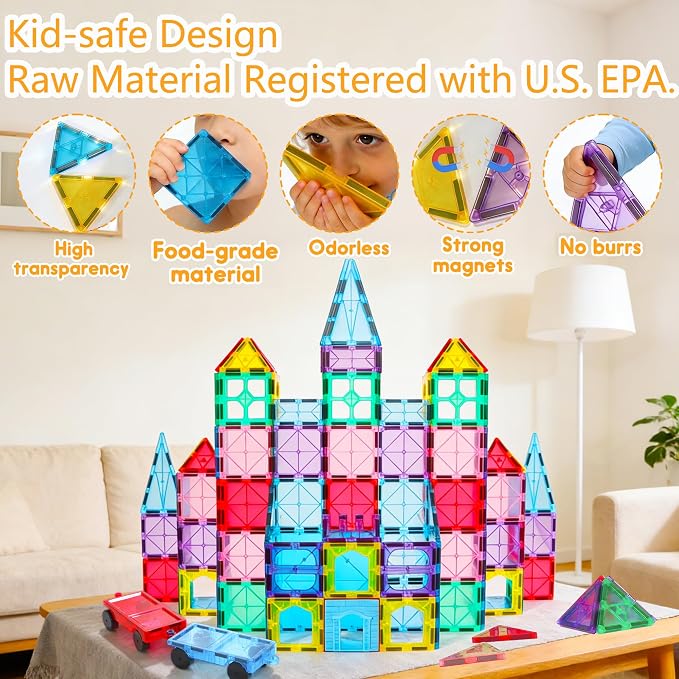 Upgraded Antibacterial Magnetic Tiles 142PCS with 2 Cars, Built-in Antibacterial Protection, Inhibits Bacterial Growth for Healthier Play, STEM Educational Building Blocks for Kids Aged 3+