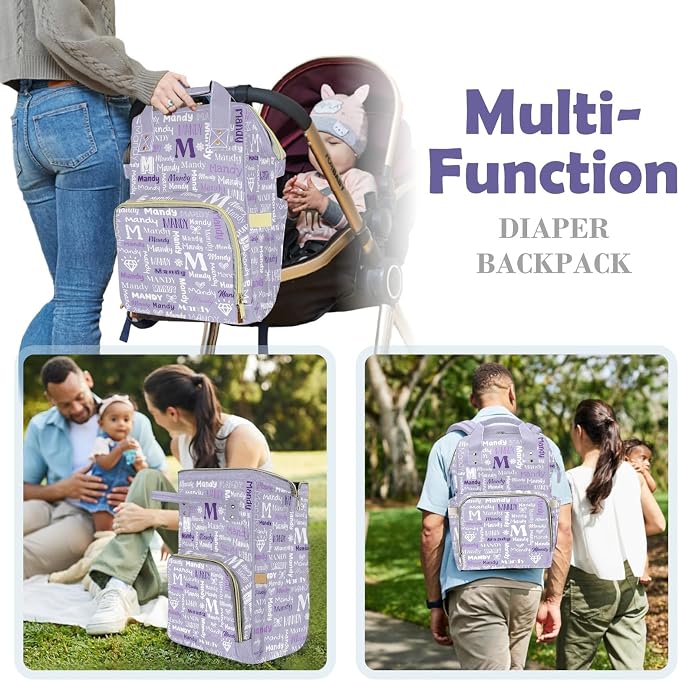 Custom Diaper Bag with Name Personalized Multifunctional Mommy Backpack for Daughter Granddaughter, Purple Daypack Bag for Travel