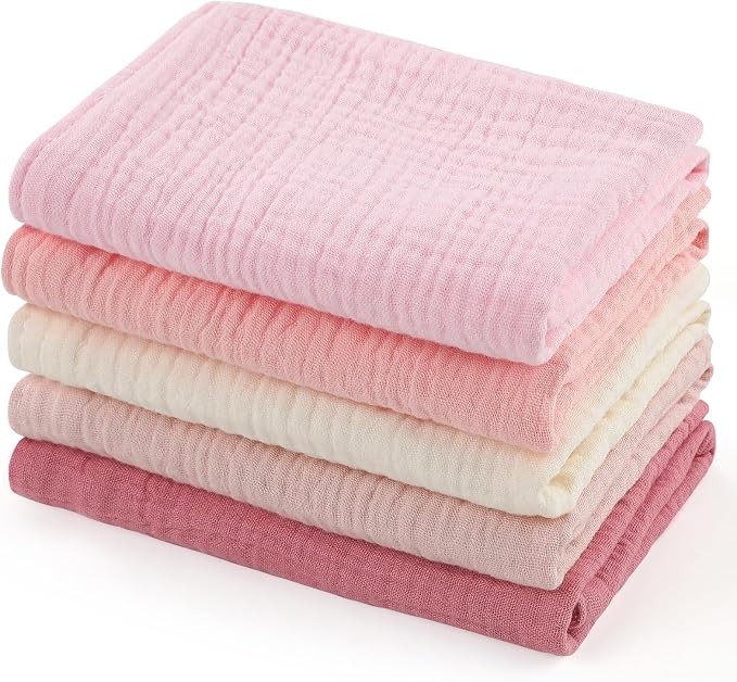 MUKIN Baby Washcloths,Muslin Burp Cloths Towels for Newborns,Absorbent Cotton Bath Face Towel ,5 Pack, 12x12 Inches (Rosy Embrace)