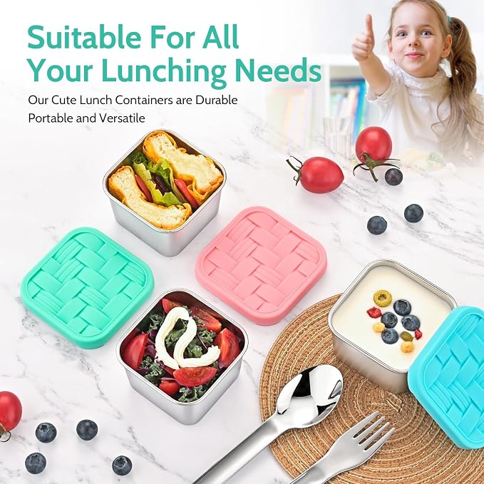 8PC 6oz Stainless Steel Snack Containers with lids, BPA-Free Metal Kids Snack Cups with Fork and Spoon, Leakproof Lunch Box Containers,Resuable Baby Food Storage Bowl