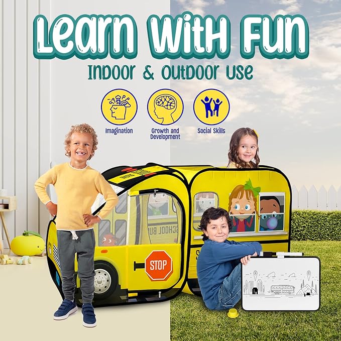 School Bus Pop-Up Kids Tent with Sound Play Button, Ball Pit for Toddler & Up - Easy Setup Tent for Indoor & Outdoor, Daycare Playground Activities & Pretend Play, Great for Kids