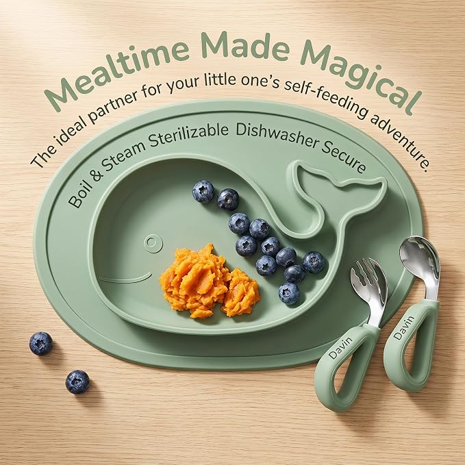 Personalized Baby Self-Feeding Utensils Set - Custom Engraved Name Toddler Spoon and Fork, Food-Grade Silicone Easy-Grip Triangular Handle Infant Training Cutlery for 6 Months+