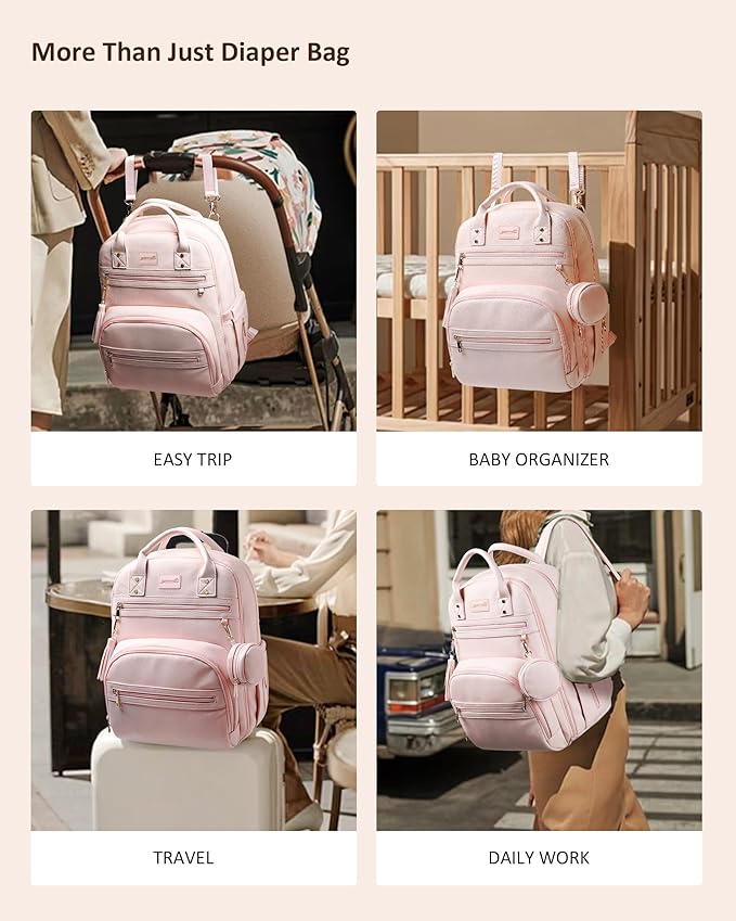ROSEGIN Premium Vegan Leather Diaper Bag Backpack with Waterproof Changing Pad, Reinforced Zippers & Odor-Free, 20 Pockets Pro Organizer, Fits 15.6" Laptop, Stroller Straps, Baby Bag for Mom, Pink