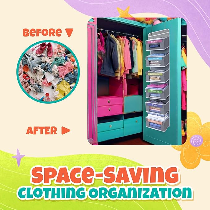 Housables Weekly Clothes Organizer for Kids, Days of the Week Clothes Organizer, Kids Closet, Daily Outfit Storage, Monday through Friday Clothing, Weekday, M-F, School, Hanging, Over Door, 6 Shelf