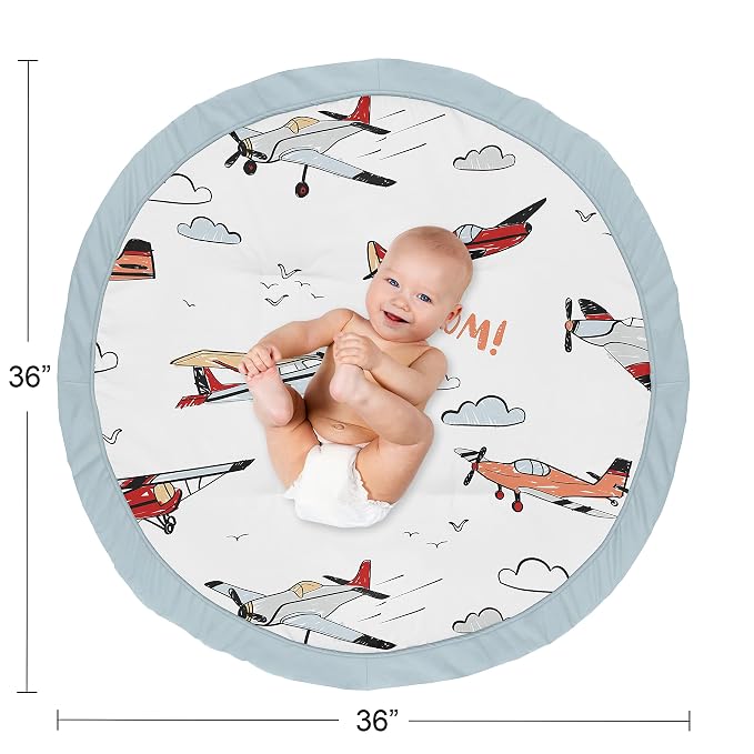 Sweet Jojo Designs Vintage Airplane Boy Baby Playmat Tummy Time Infant Play Mat - Grey Yellow Orange Red White and Blue Airplanes Air Plane Transportation Clouds Sun Sky Aviator Aviation