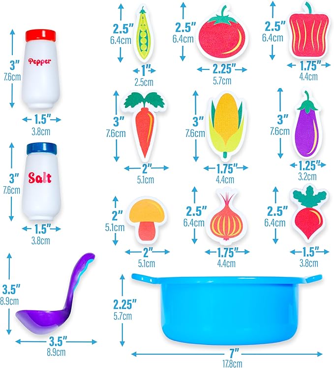 Tub Works® Tub Soup??Scoop, Strain & Play Toddler Bath Toy | Floating Foam Veggies, Ladle for Scooping & Soup Pot for Straining | Pretend Play Cooking Kids Bath Toys | Creative Bathtub Toys