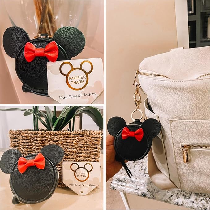 miss fong Pacifier Holder Case with Clip, Pacifier Pouch Cover, Pacifier Charm Pod with Clasp Attach to The Strollers & Diaper Bags, Hold 2 Pacifier or Nipple Shield(Bow Black)