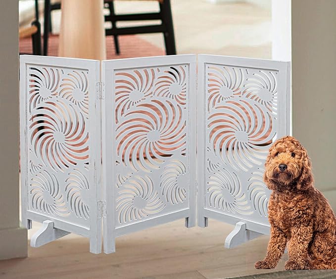 Freestanding Pet Gate for Dogs, Foldable Wooden Dog Gate for House, Indoor Dog Gate for Stair, Doorway,Sun Flower Design Gates for Dogs Indoor, 48 Inch Wide, (16" x3 Panels =48 inch),White Antique