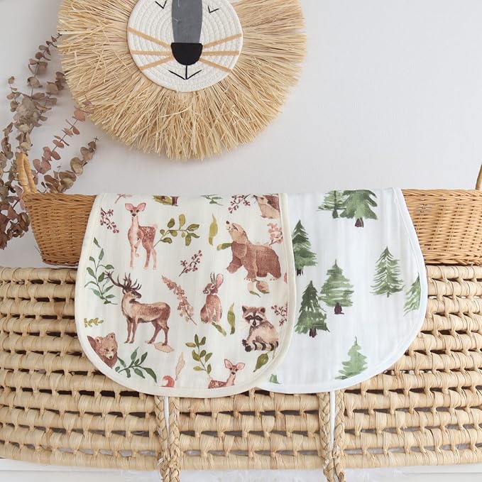 LifeTree Muslin Swaddle Blankets Neutral and Baby Burp Cloths for Newborn Girls Boys, 70% Viscose from Bamboo and 30% Cotton, Woodland Animals & Pine Tree