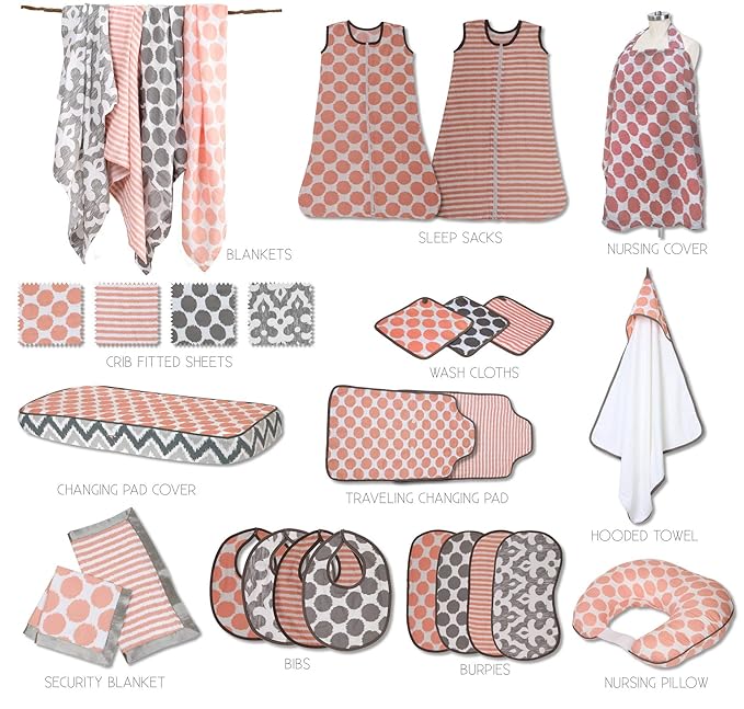 Bacati Ikat Coral/Grey Dots/Stripes Swaddling Muslin Blankets Set of 4