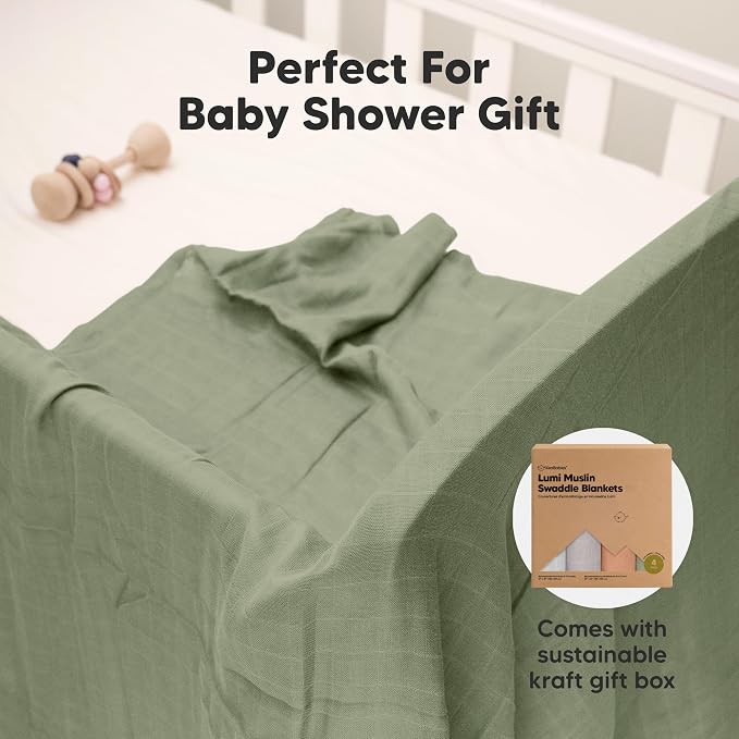 4-Pack Muslin Swaddle Blankets for Boys, Girls - Organic Baby Swaddles for Newborns, Soft & Breathable Receiving Baby Blankets for Girl, Boy, Neutral, Newborn Essentials Gift (Pine)