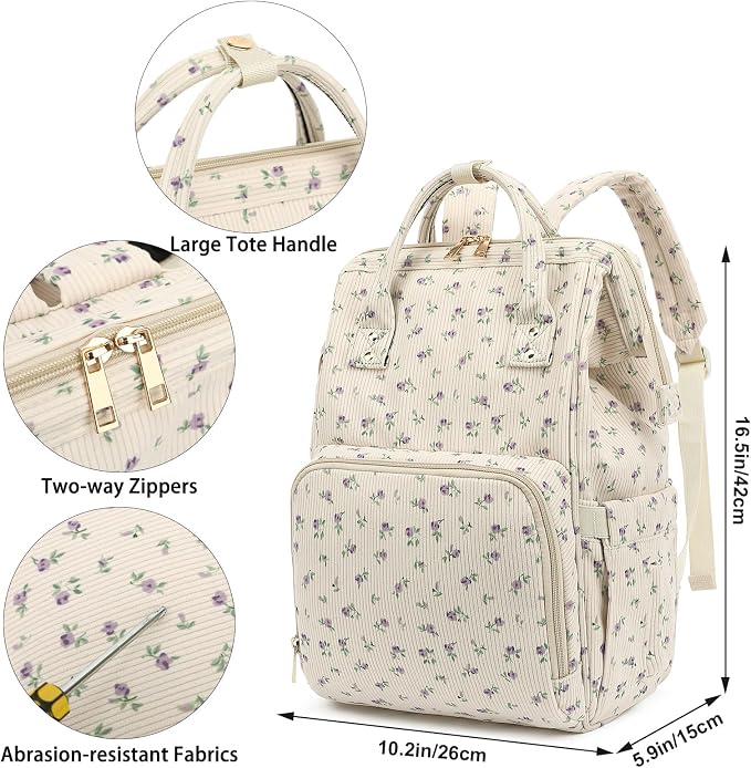 Corduroy Diaper Bag Backpack for Baby Girls Boys, Women Large Nappy Bags for Mom (Beige Corduroy Floral Purple)