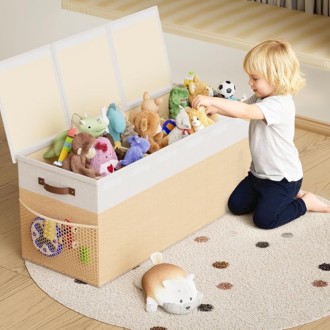 Dayacoco Extra Large Toy Box Chest with Lids, Collapsible Sturdy Kids Toy Storage Organizer Boxes for Boys Girls, Collapsible Sturdy Toys Chest Storage Organizer Bin Basket,40"X14"X16", Beige & White