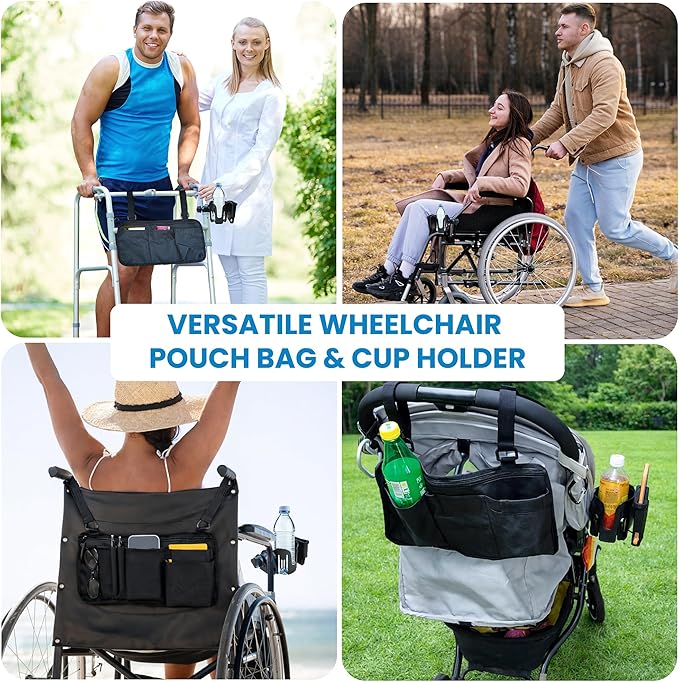Wheelchair Accessories, Wheelchair Cup Holder with Wheelchair Side Bag, 360° Rotatable & Strong Clip Cup Holder for Wheelchair, Mobility Scooter, Walker Accessories for Seniors, Adults