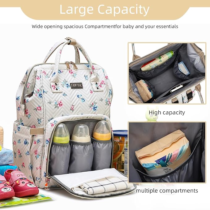 Diaper Bag Backpack, Diaper Bags for Baby Girls Boys, Baby Bags for Moms Dads, Nappy Changing Bag with Insulated Pockets,Multi-functional Waterproof Backpack with Stroller straps-Beige Flowers