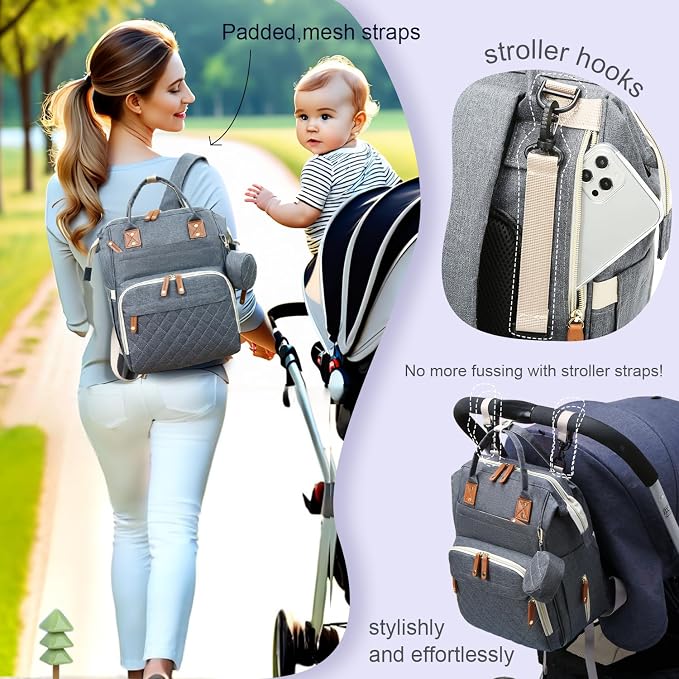 Diaper Bag Backpack with Changing Pad – Large Capacity, 16 Pockets, USB Port, Waterproof Travel Backpack for Mom & Dad – Bonus Pacifier Case - Gray