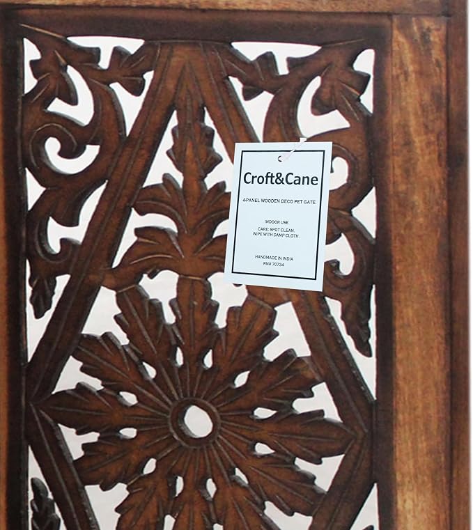 Croft&Cane Wooden Foldable Pet Dog Safety Gate – 4 Panel Freestanding Indoor Pet Fence - 13 inches W x 25 inches H – Hand-Carved Solid Wood & MDF – Fully Assembled - Dark Walnut