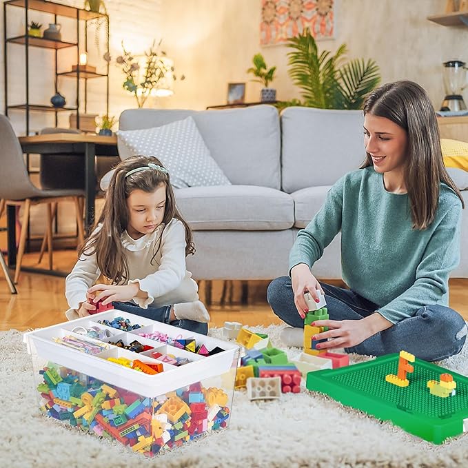 loobuu Plastic Storage Bins with Lids - 1 Set Stackable Arts Crafts Organizer Box with Removable Divided Tray &Compatible Building Baseplate,Toy Chest Containers for Bricks - (14.37"x9.64"x6.69")