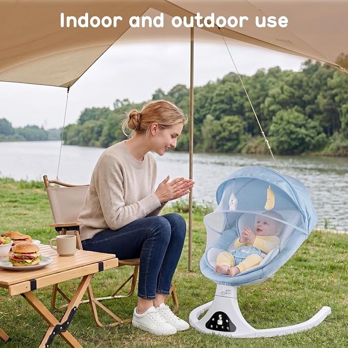 Electric Baby Swing with Remote Control - 5 Natural Motion Speeds, Detachable Seat Pad | Portable Infant Swing for Indoor/Outdoor Use (0-12M, 20lbs) (Blue)