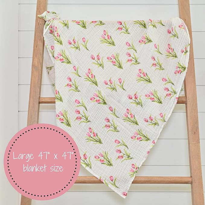 LollyBanks Muslin Swaddle Blankets 2 Pack, 100% Cotton Baby Blanket for Girls, Soft and Breathable 47 x 47 Inches Newborn Swaddle Blanket, Newborn Essentials Must Haves (Hydrangea and Tulip)