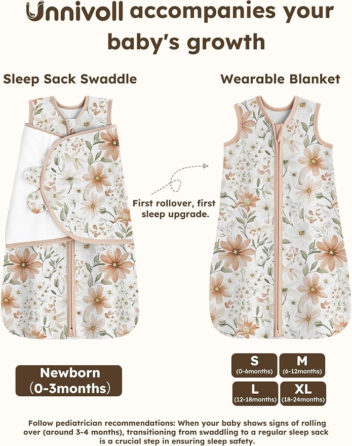 Unnivoll Newborn Sleep Sack Swaddle 100% Cotton Baby Swaddle 0-3 Months, 3-Way Adjustable Wearable Blanket, TOG 0.5, 2 Pack for Baby Boy Girl White Brown Flower