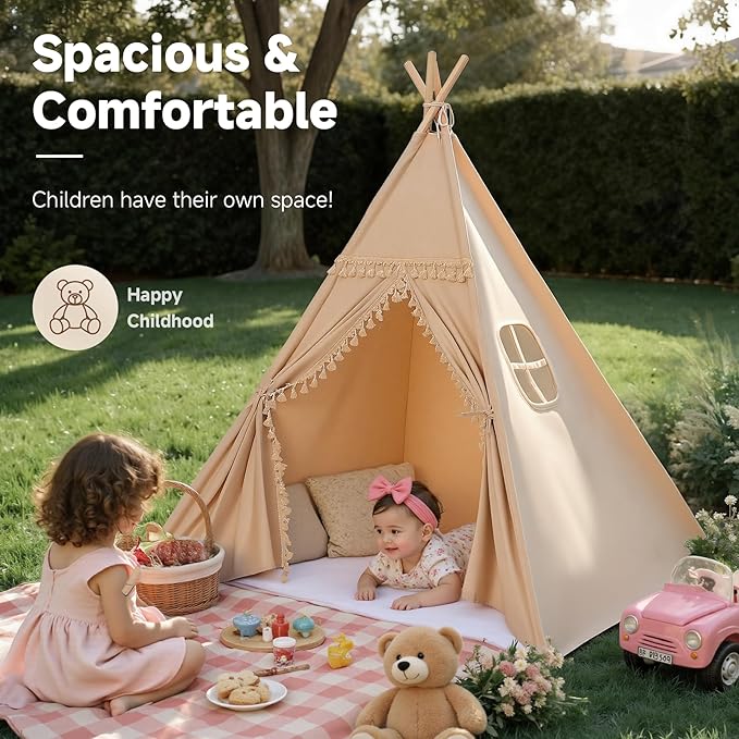 Sumbababy Kids Teepee Tent Indoor, Washable Cotton Canvas Play Tent with Tassel Trim, Foldable Toddler Tent for Girls & Boys Sleepover Party, Gift Set with Star Lights, Banner & Carry Bag, Khaki