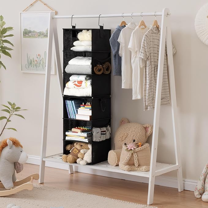 StorageWorks Hanging Closet Organizer 6-Shelf, Separable Two 3 Shelf Closet Storage Organizer with Side Pockets, Portable Hanging Shelves for Clothes, Sweater, Towels, 12" D x 12" W x 48¼"H, Black