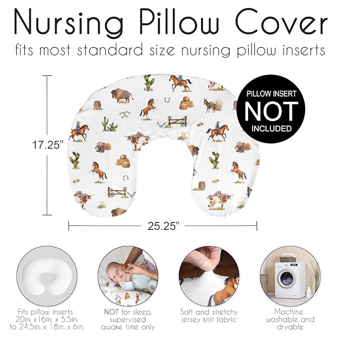 Sweet Jojo Designs Western Cowboy Boy Nursing Pillow Cover Baby Breastfeeding Slipcover Infant Newborn Nursery Bottle Breast Feeding Pillowcase (Pillow NOT Included) Wild West Horse Cow Farm Animal