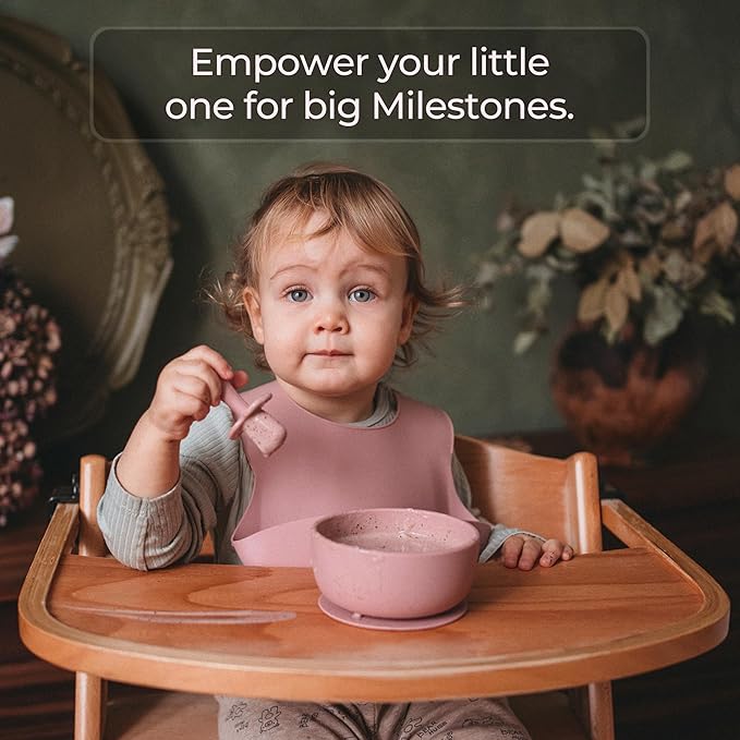 BPA-Free Silicone Baby Feeding Set ??Baby Utensils 6??2 Months, Suction Plate & Bowl, Cup, Bib & Training Spoons | Food Grade Silicone, Dishwasher Safe Baby Eating Set