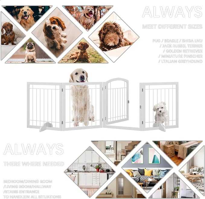 JSB 96-inch Extra Wide 30-inch Tall Dog gate with Door Walk Through, Freestanding Pet Gate for Halls, Stairs & Home, Pet Puppy Safety Dog Fence with 2PCS Support Feet (White)