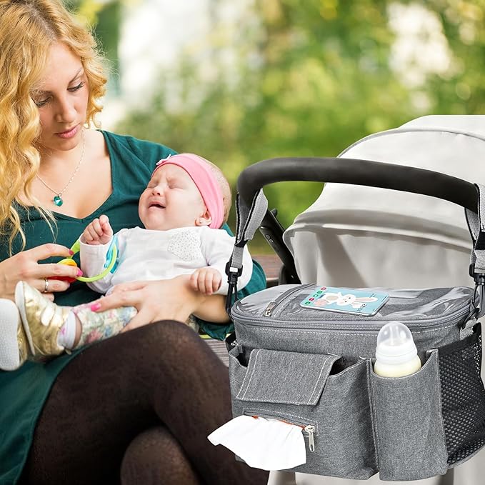 Stroller Organizer with Insulated Cup Holders - Universal Stroller Caddy Bag Fits for Uppababy, Baby Jogger, Nuna - Detachable Shoulder Strap & Large Storage for Diapers, Wipes (Grey)