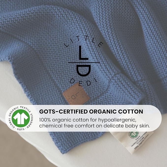 Organic Cotton Baby Blanket 30x40 in, Aegean Blue – GOTS Certified, Soft Knit Swaddle with Gift Box, Breathable Nursery Blanket for Crib & Stroller, Machine Washable