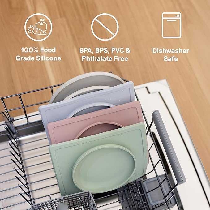 ezpz Tiny Plate (Pewter) - 6 Months+ - 100% Silicone Suction Placemat + Plate for Infants - Fits on Most Highchair Trays - Baby Led Weaning Supplies